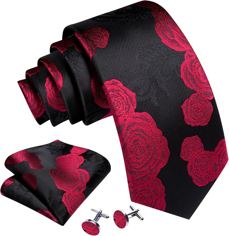 Barry.Wang Store Flower Ties for Men Handkerchief Cufflinks Set Wedding Necktie Set Party - Image 2